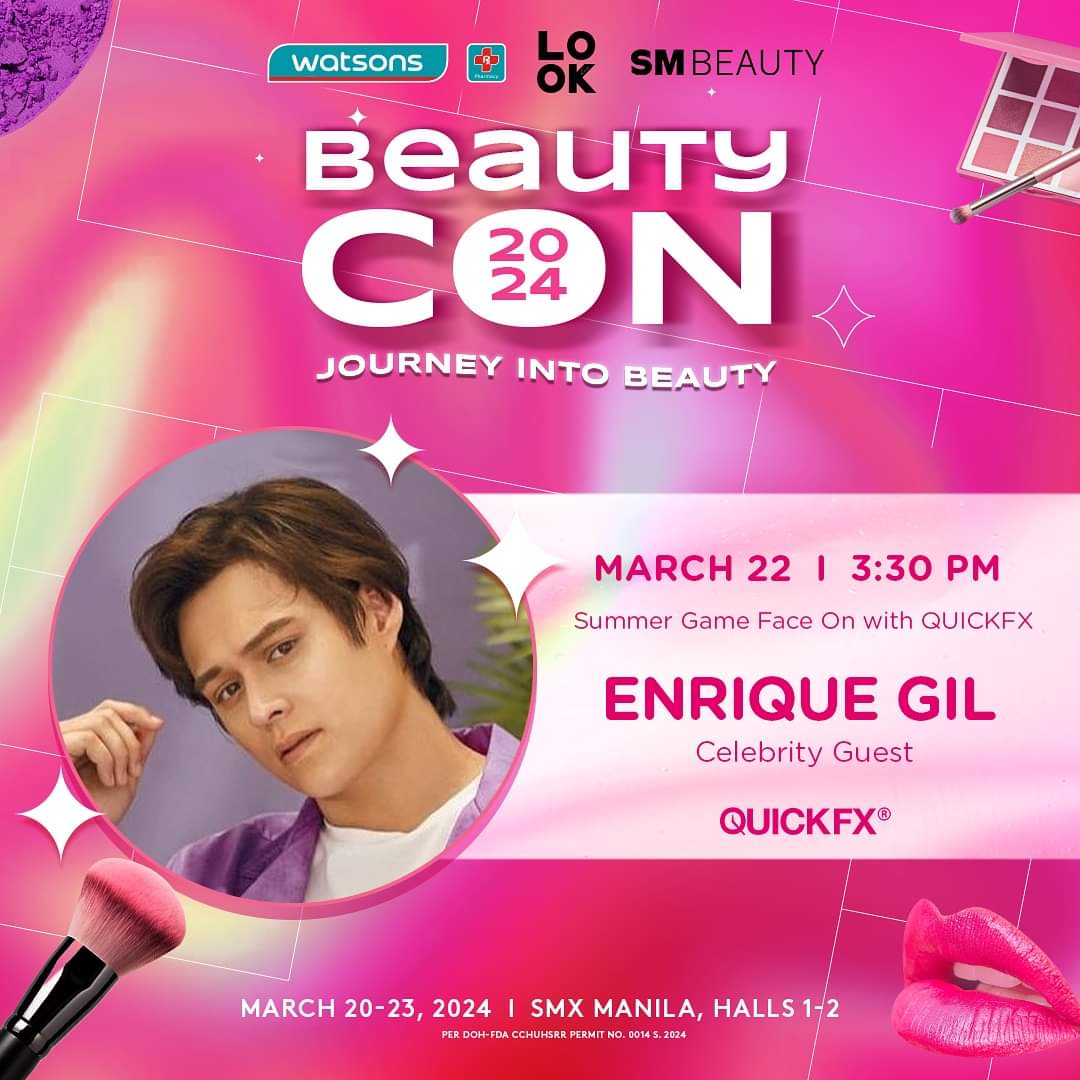 Get ready for summer with our celebrity guest, Enrique Gil at #BeautyCon2024! Catch him live on March 22, 3:30 PM to 4:00 PM at SMX Manila, Pasay City. Exclusive deals, offers, and freebies running from March 20 to 23 so come visit our booth! #QUICKFX #Watsonsph #EnriqueGil