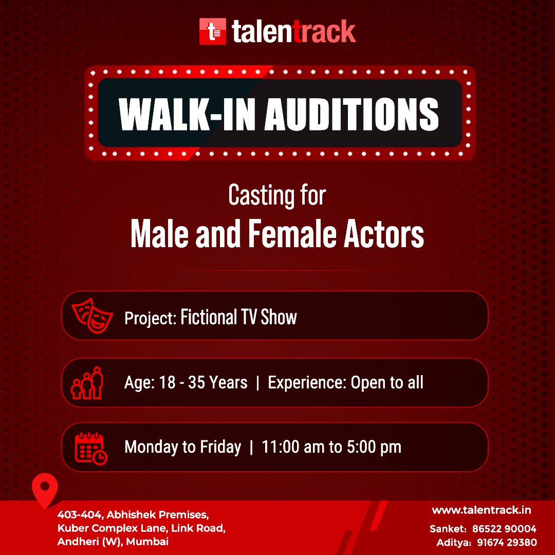 Walk into our Mumbai Studio to audition for an upcoming Fictional TV show on a prime channel.

Required - Male & Female Actors

For queries, please contact - 8652290004/9167429380

#Auditions #OpenAuditions #Actors #Models #Talentrack #Mumbai