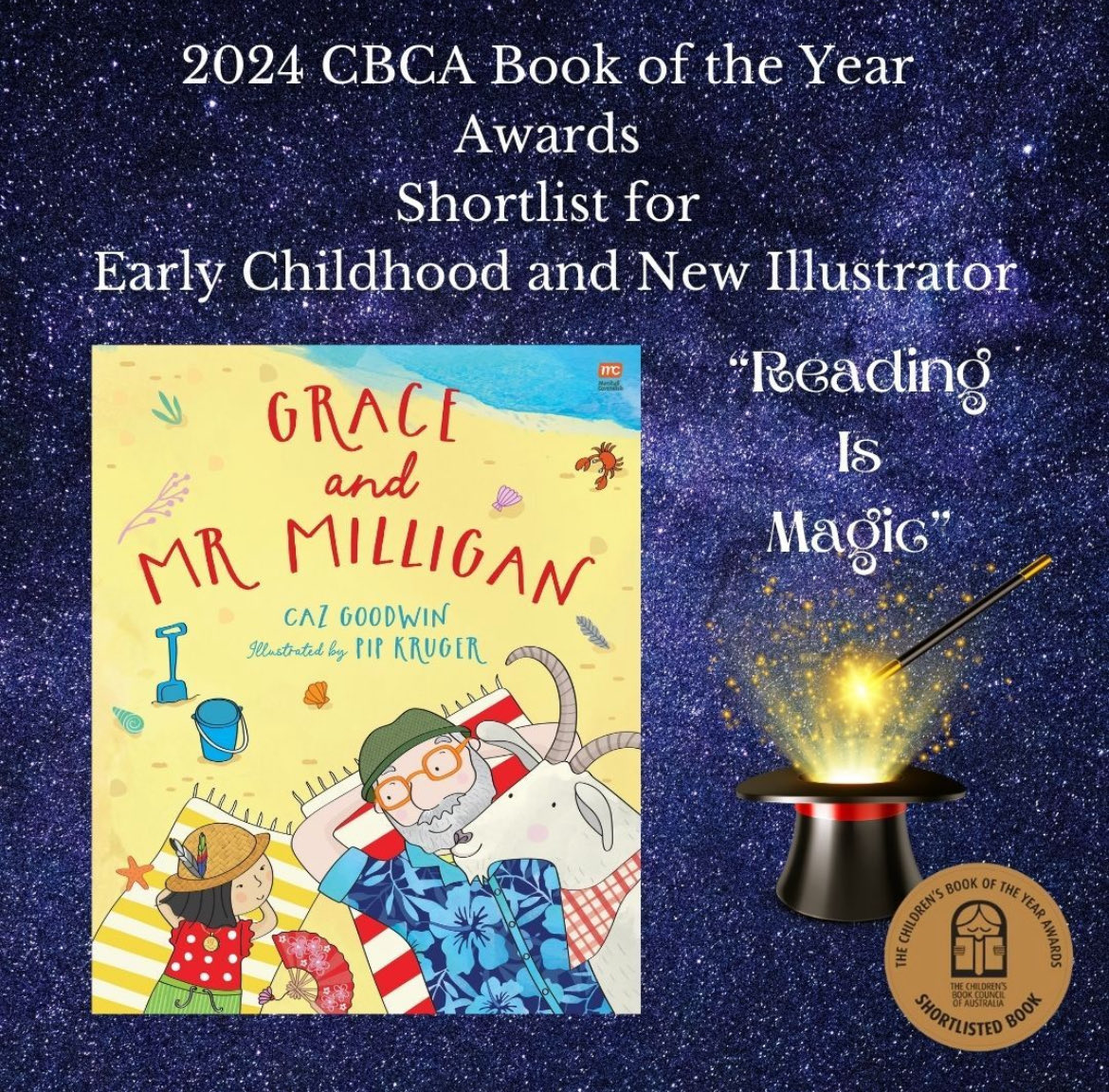 I’m excited that Grace and Mr Milligan has been shortlisted in the CBCA book of the year for Early Childhood and New Illustrator. Thanks Pip Kruger for your gorgeous illustrations, ⁦@TheCBCA⁩ and ⁦@MarshallCavGrp⁩. #cbca2024 #teacherlibrarians #loveozkidlit #books