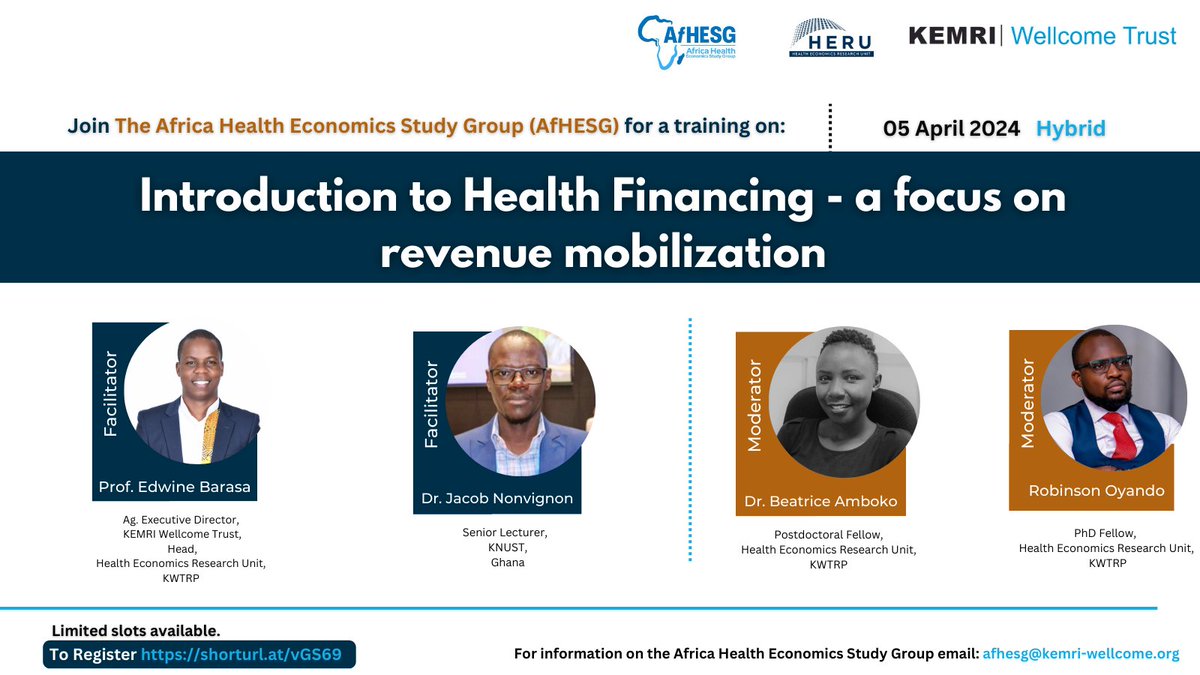 HERU|KEMRI-WT (@heru_kemri_wt) on Twitter photo Training Alert!!!
Join us for the #AfHESGTraining session on "Introduction to Health Financing - a focus on Revenue Mobilization"
Date: 05/04/2024
Registration link: shorturl.at/vGS69
Facilitated by Prof.<a href="/EdwineBarasa/">Edwine Barasa</a> & Dr.<a href="/nonjake/">jacob novignon</a> Training Alert!!!
Join us for the #AfHESGTraining session on "Introduction to Health Financing - a focus on Revenue Mobilization"
Date: 05/04/2024
Registration link: shorturl.at/vGS69
Facilitated by Prof.<a href="/EdwineBarasa/">Edwine Barasa</a> & Dr.<a href="/nonjake/">jacob novignon</a>