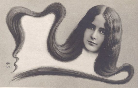 1880年代の平和で美しい時代ベル・エポックのポストカード。メデューサのようなしなやかな髪の毛が描く曲線はアール・ヌーヴォーの形式美を感じます。 
