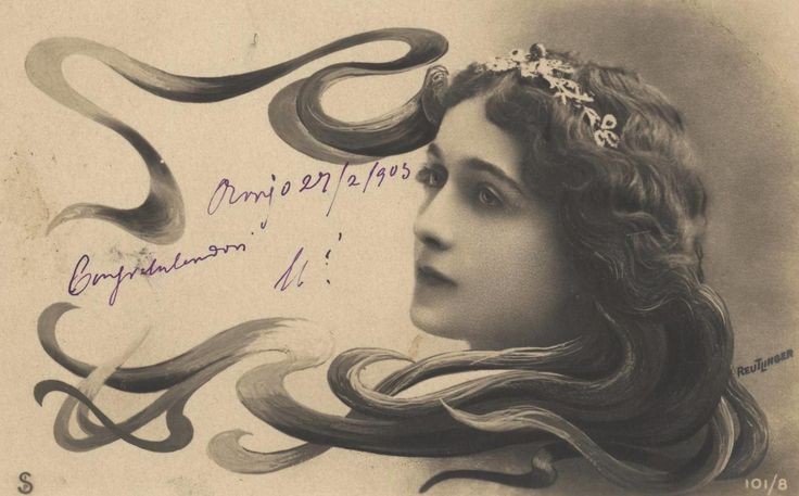 1880年代の平和で美しい時代ベル・エポックのポストカード。メデューサのようなしなやかな髪の毛が描く曲線はアール・ヌーヴォーの形式美を感じます。 