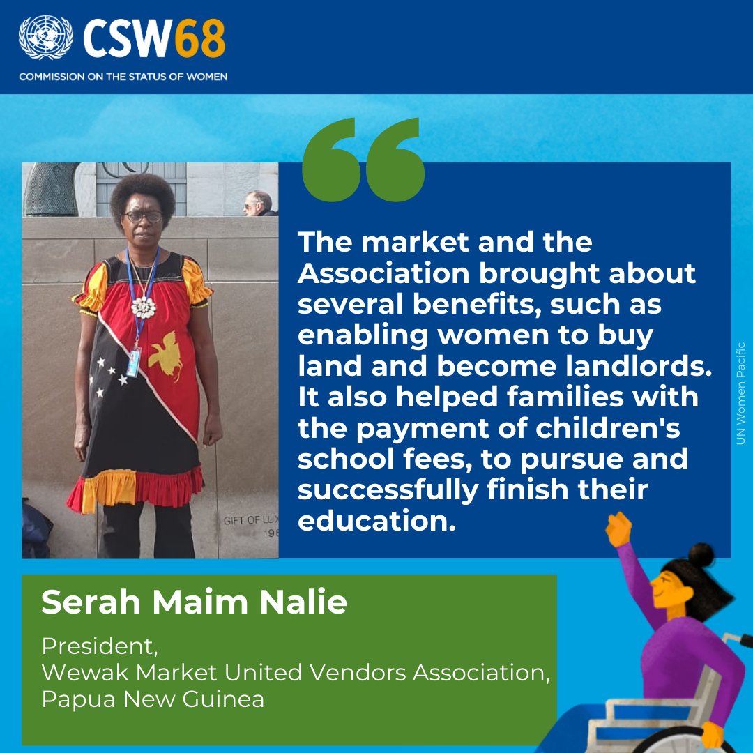 📢 Today, Serah Nalie spoke at the #CSW Side event to share her insights on the importance of empowering market vendors and how women's economic empowerment is a catalyst to progress gender equality. 🤝@unwomenPNG, @dfat, @ADB_Pacific, @jica_direct_en