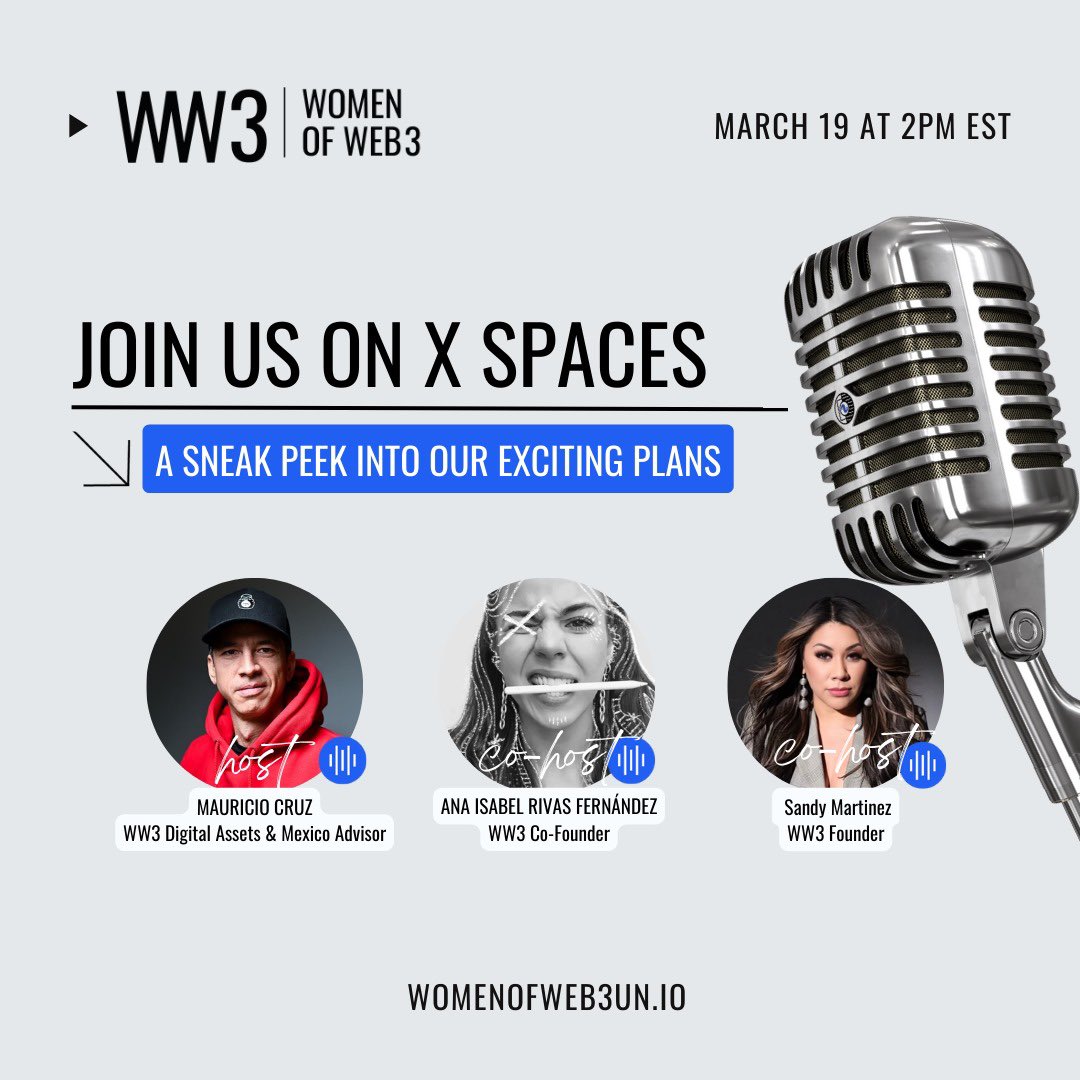 Step into the Women of Web3 XSpace for a sneak peek into our exciting plans! 🌐🍃🧵 Set your reminder now! ⏰ twitter.com/i/spaces/1rmGP…