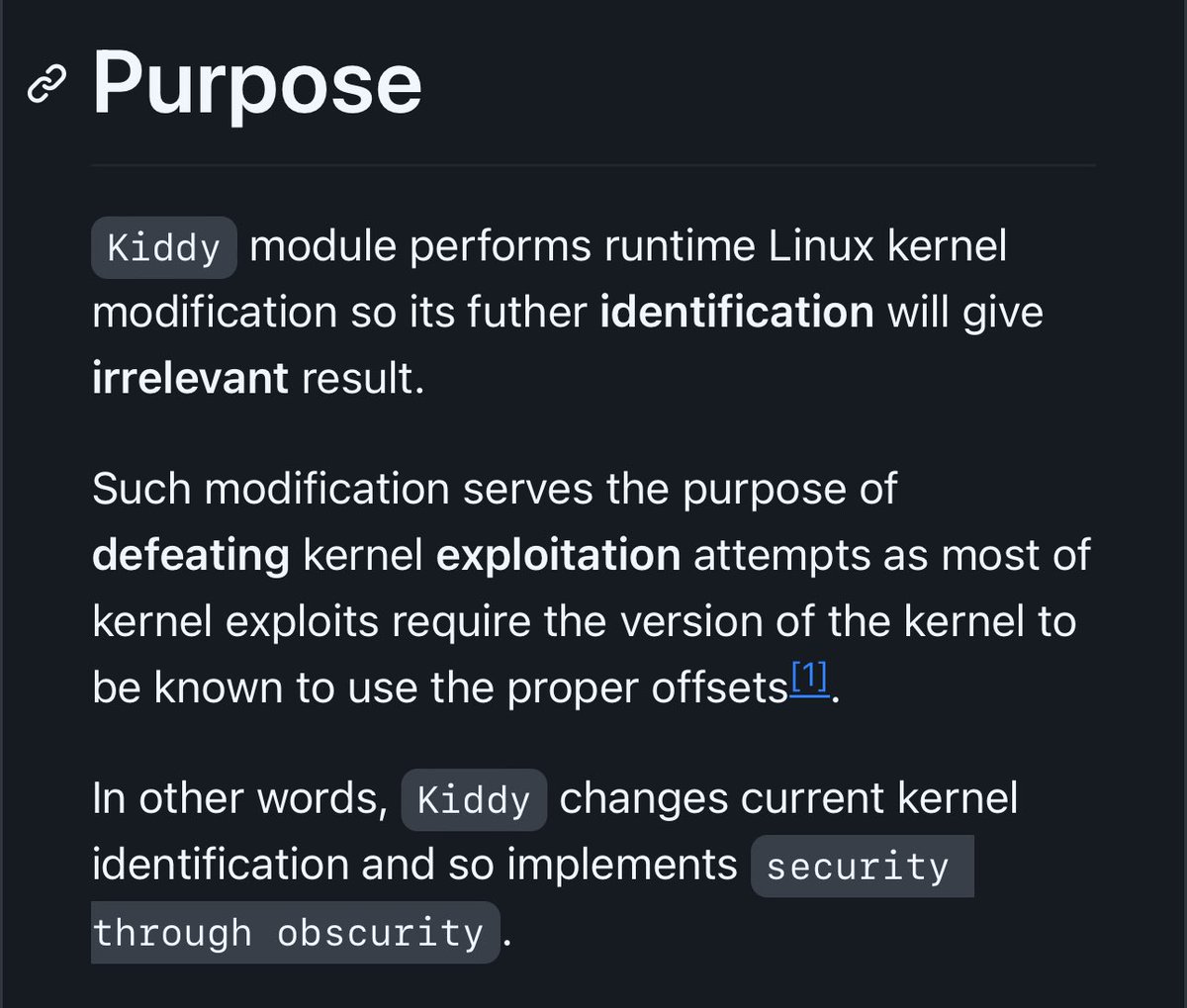 andersonc0d3's tweet image. Kiddy - (linux) kernel identity spoofer
github.com/milabs/kiddy

Kiddy module performs runtime Linux kernel modification so its futher identification will give irrelevant result.

Such modification serves the purpose of defeating kernel exploitation attempts as most of kernel…