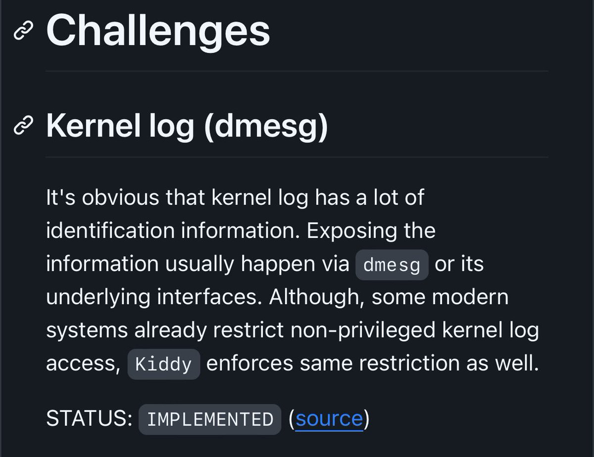 andersonc0d3's tweet image. Kiddy - (linux) kernel identity spoofer
github.com/milabs/kiddy

Kiddy module performs runtime Linux kernel modification so its futher identification will give irrelevant result.

Such modification serves the purpose of defeating kernel exploitation attempts as most of kernel…