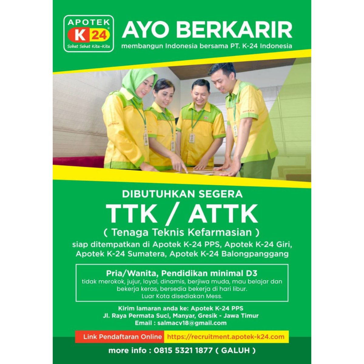 ayogawe's tweet photo. Lowongan Tenaga Teknis Kefarmasian dari Apotek K24 https://t.co/HrKYPLJANw
