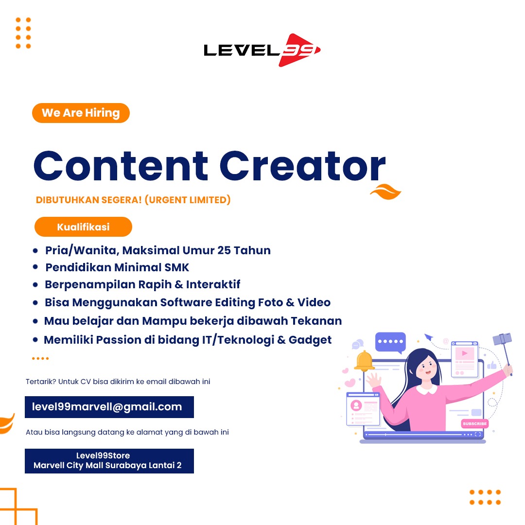 ayogawe's tweet photo. Lowongan kerja dari Level 99 Surabaya https://t.co/OtY1nb8C2V