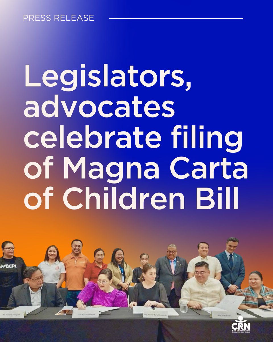 Lawmakers and advocates celebrate historic filing of #MagnaCartaOfChildren Bill. It is the single most comprehensive legislation for children's development and protection. Full press release: facebook.com/CRNPhilippines… (First issued on March 18, 2024.)