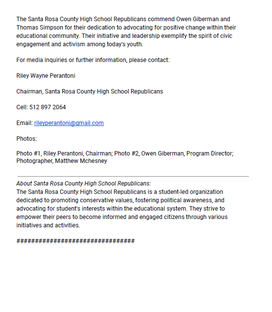 FLHSReps's tweet photo. ICYMI: Santa Rosa County High School Republicans Advocate for Change in School Computer
Policy.

Great job @HSSantaRosaReps!

The Florida High School Republicans are spearheading student representation on local school boards, from elections to policy formation. #education https://t.co/2p85SzLL7N