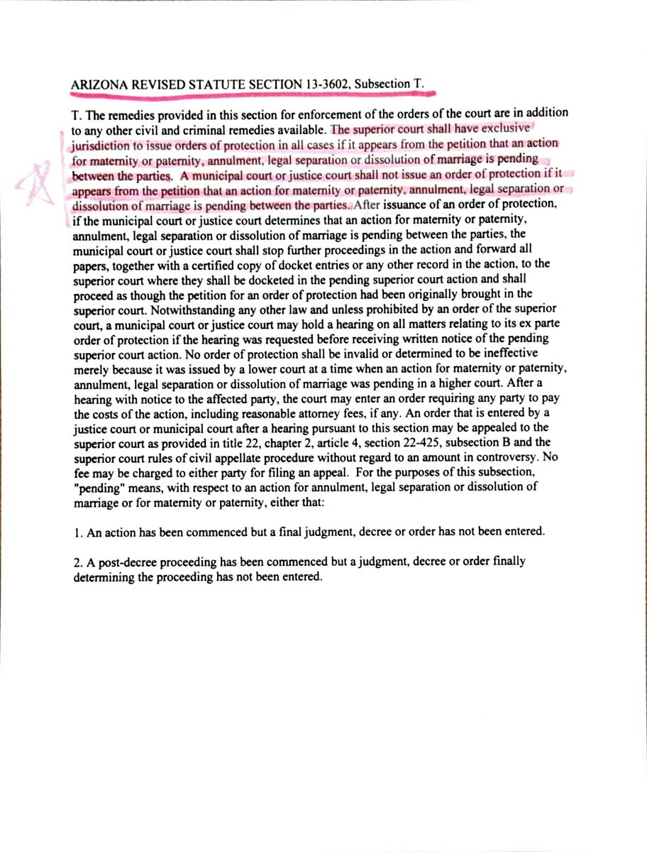 Thaleresq's tweet photo. Hey Ray @raystern, let me help your “investigation.”  Below is ARIZONA REVISED STATUTE SECTION 13-3602, subsection T. The Superior Court has EXCLUSIVE JURISDICTION to issues Orders of Protection when actions for annulment or dissolution of marriage are pending. If a city court issues in order of protection in good faith, it MUST TRANSFER the matter to the Superior Court once it is informed of the Superior Court family law matter. The Mesa Court ALWAYS knew that a Family court dissolution/annulment was pending. So why did the Mesa city court violate Arizona law? Your readers want to know, Ray. And they want to know why you didn’t tell them this.  The Mesa City Court and judges Tatz and Lawler knowingly broke the law and violated my due process rights. Oh, but that didn’t fit in with your preconceived political narrative. You’re gonna love the retraction demand you and your employer are about to receive. Call me when you finally realize you need some redemption.
