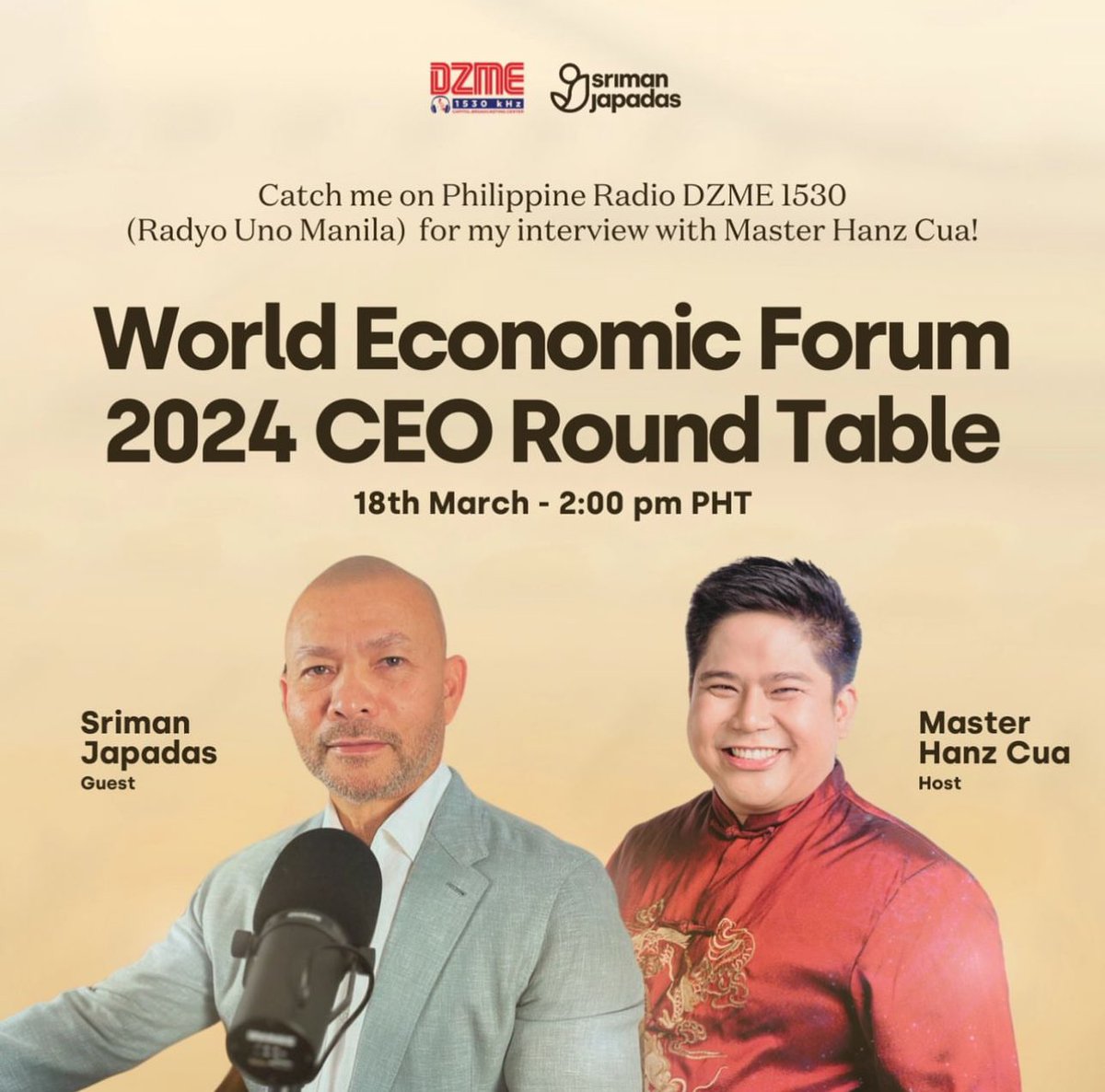 My friends, I am inviting you all to catch me on Philippine radio DZME 1530 (Radyo Uno Manila) for my interview with @masterhanzcua

Join me as I talk about finding success and my attendance at the World Economic Forum 2024 CEO Round Table.

I WILL ALSO BE DOING A LIVE! So stay