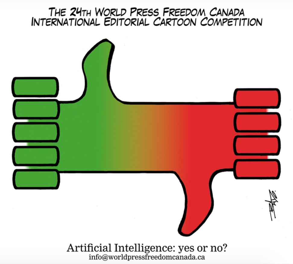 Today is the LAST day for submissions to the International Editorial Cartoon Competition, whose theme this year is, '#ArtificialIntelligence: Yes or No?' Create your cartoon and have your say. Details here, deadline is midnight! worldpressfreedomcanada.ca/cartoon-submis… #pressfreedom