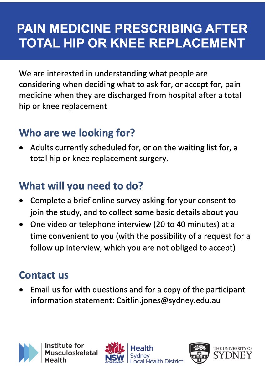 📢People having hip or knee replacements 📢 We want to know what your concerns and expectations are about the pain medicines you will be given when you go home. Please complete this survey if interested in being interviewed: redcap.sydney.edu.au/surveys/?s=PAC… @SydneyMSK @msk_health