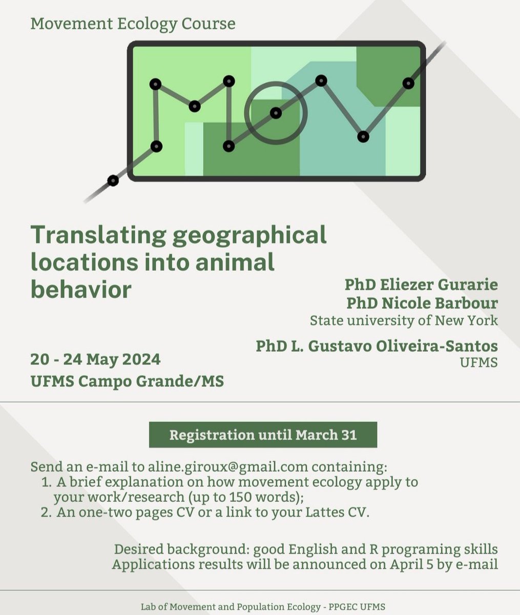 It will be our pleasure to host the Movement Ecology Course at 
<a href="/UFMSbr/">UFMS</a>
 
The course will be 100% in person (in Campo Grande, Brazil). 
It will be taught 100% in english, and will be 100% for free. 

Interested? Subscribe!

Please spread the news 🎉