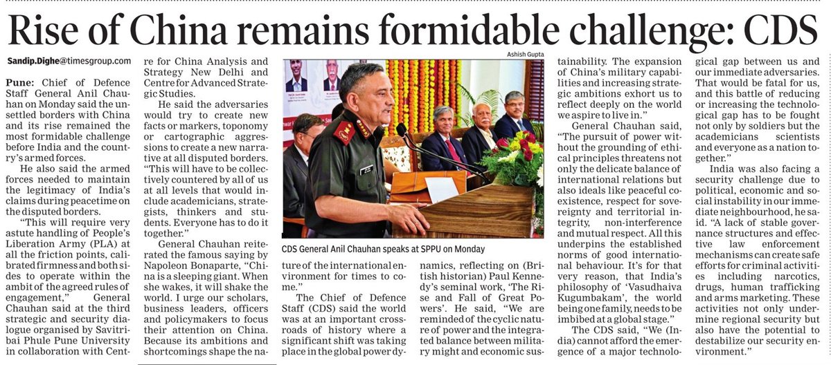 unsettled borders with #China and its rise remained the most formidable challenge before armed forces: #CDS General Anil Chauhan. @OfficialCLAWSIN @nitingokhale