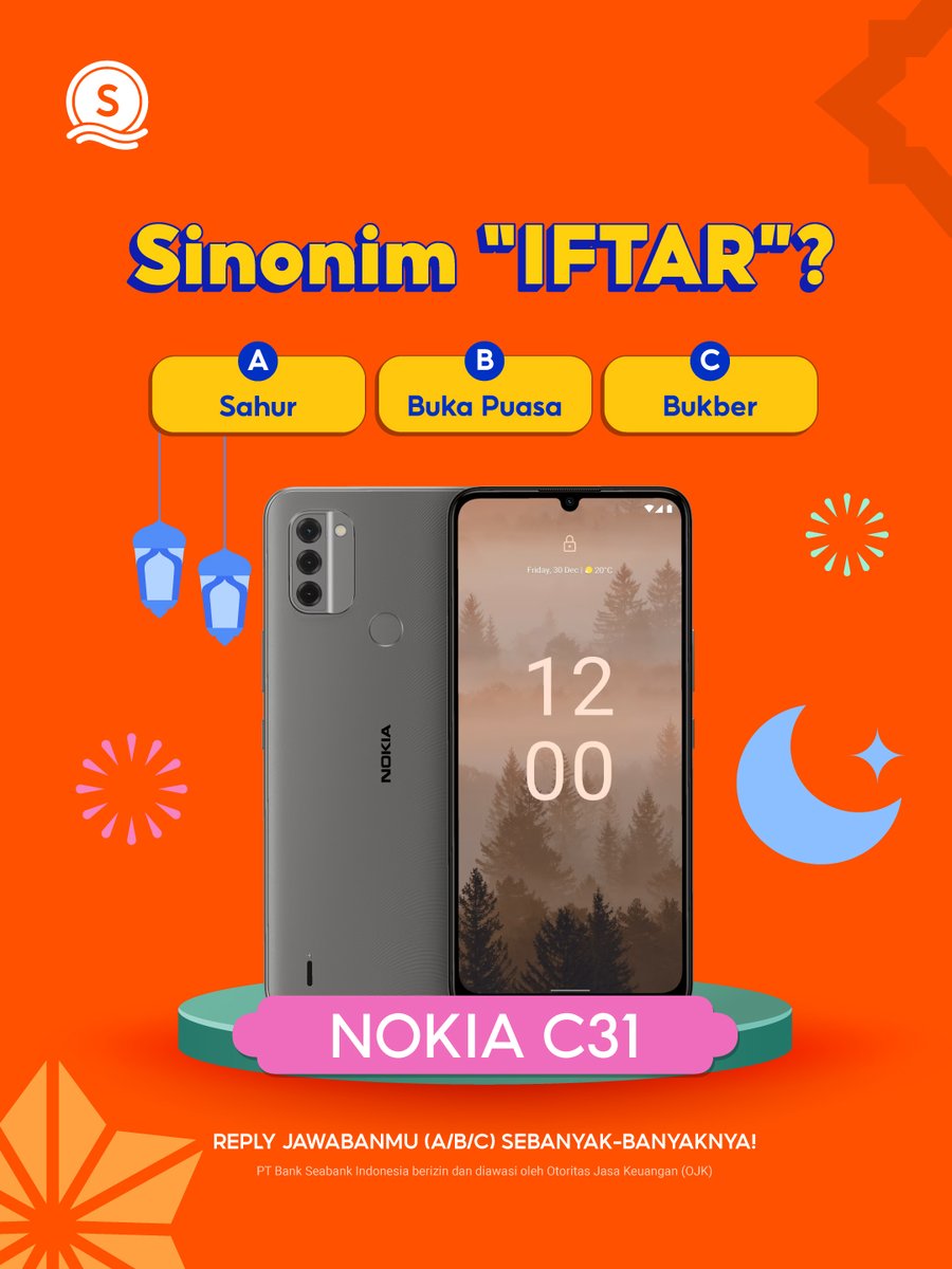 SeaBankID's tweet photo. 💥BAWA PULANG NOKIA C31 GRATIS!💥

Dengan cara:
1. FOLLOW Twitter @SEABANKID
2. RT Tweet ini
3. REPLY JAWABANMU (A/B/C) sebanyak-banyaknya!

Semoga beruntung 🔥~ https://t.co/szgoUIPXnR