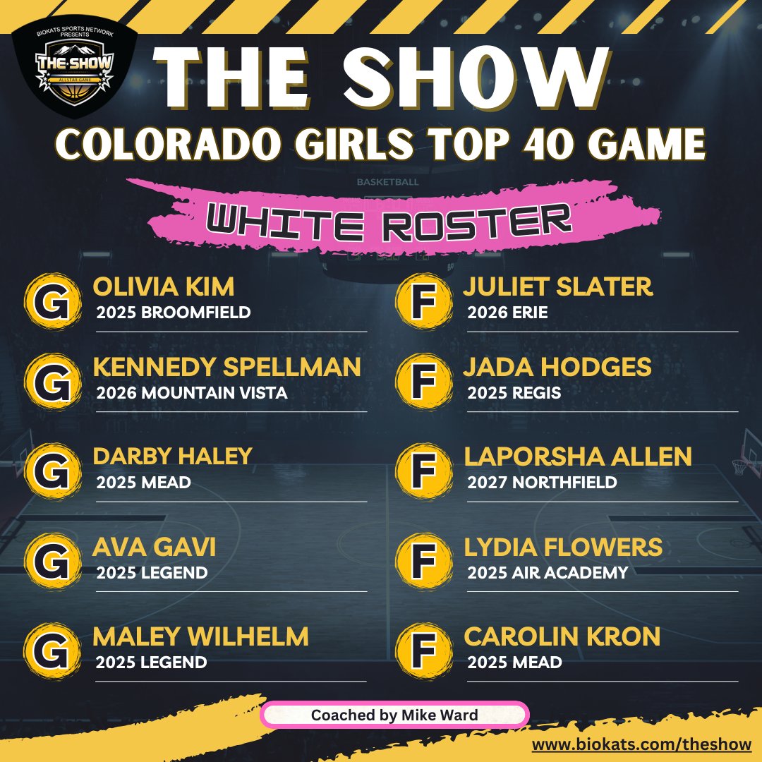 @TheShowColorado - Top 40 Girls White team. Game is March 22nd at 6:30pm at Metro State University @Juliet_Slater1 @kennedyspell @DarbyHaleyHoops @avagavi2 @MaleyWilhelm @lydia_flowers06 @carolinekron5 @grithoops @ColoradoPremier @LadyTitanSwish @ErieTigersGBB @AirAcademyHigh