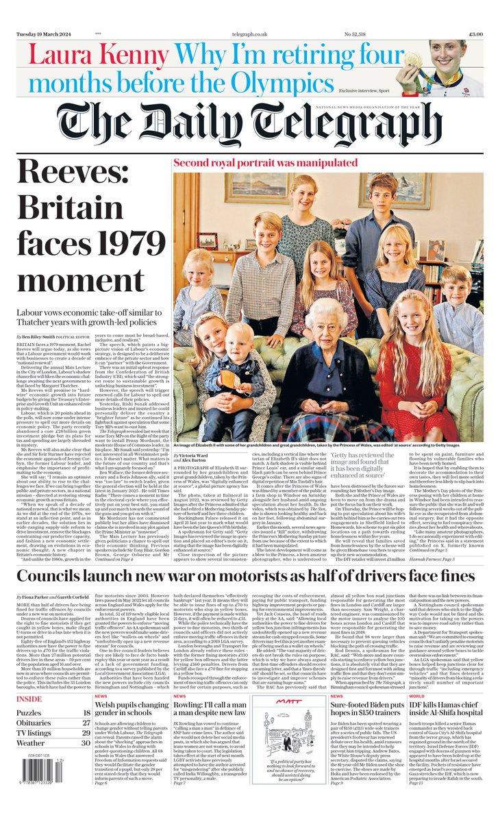 ukpapers's tweet photo. 🇬🇧 Portrait Of Late Queen With Royal Children Was Manipulated

▫Photograph ... taken by Princess of Wales, was digitally enhanced, says Getty Images
▫@victoria_ward @johnalexwilly
▫https://t.co/hu7j9anncF

#frontpagestoday #UK @Telegraph 🇬🇧 https://t.co/s2IqMXria8