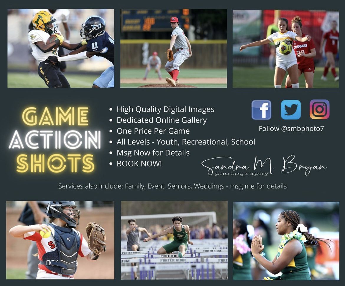 Spring sports are in full swing! Book with me today for your game-day action photos. All levels up through high school. Any location in Charlotte and local surrounding areas. Msg me now…$75/game