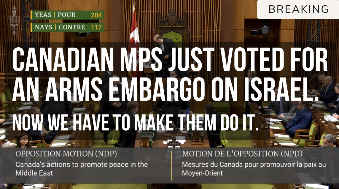 Parliament just voted in favour of a heavily amended NDP motion on Palestine. While the amendments watered down and eliminated key elements of the original text, the final motion notably included the demand for a one-way arms embargo on Israel. /1