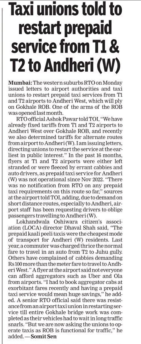 Taxi Unions told to restart Services from T1 & T2 To Andheri W 📰 @somitsenTOI In absence of prepaid options Commuters get fleeced by rogue Have to opt for expensive cab aggregators @akbars600 @Anujalankar9 @jkd18 @SaferRoadsSquad @filmykiida @ua_shirin @DrHarish139 @ankupande