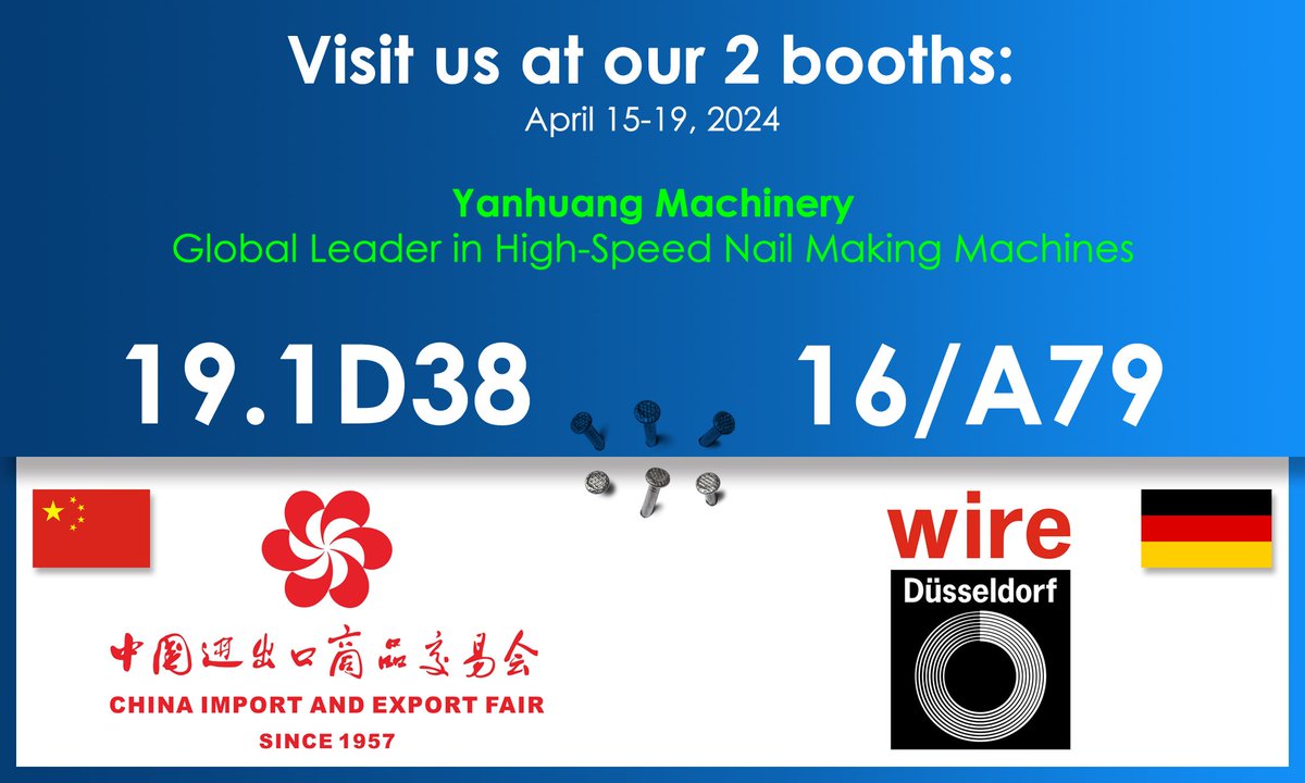 SimonWorking777's tweet photo. We will be attending two renowned trade fairs at the same time, from April 15 to 19, 2024. One is the Canton Fair in Guangzhou, China, where our booth number is 19.1D38. The other is WIRE2024 in Düsseldorf, Germany, where our booth number is 16/A79. Welcome to visit our booths. https://t.co/38itRwYr8S