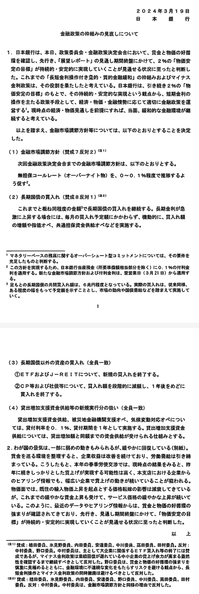 Min_FX's tweet photo. 【Dealer's Voice】
🇯🇵日銀金融政策決定会合、結果出ました
・マイナス金利解除
・YCC（長短金利操作）撤廃
・ETF/REIT買入終了 https://t.co/5EOpRSqG5p