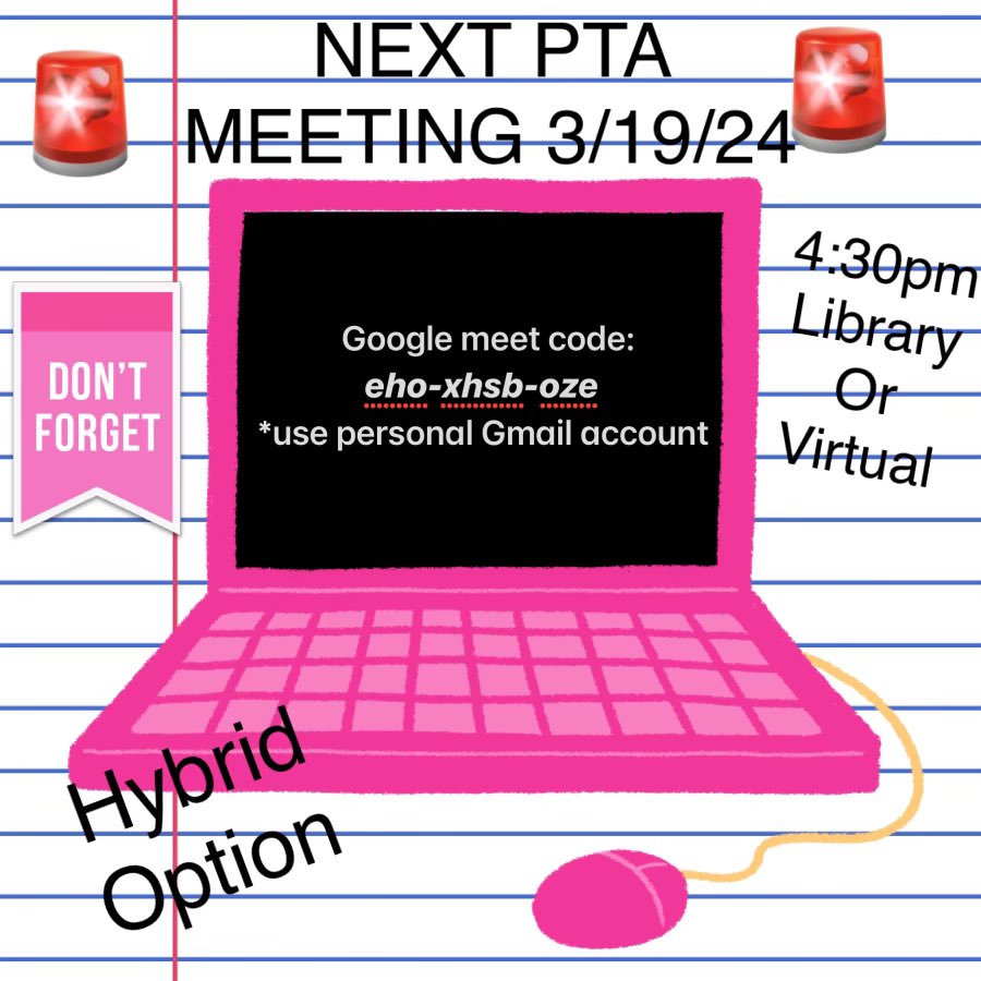 Tomorrow is our March PTA meeting.  We will be discussing several topics and need to obtain candidates for PTA officers as all 4 positions: President, Vice President, Treasurer and Secretary will be vacant for 2024-2025 school year. We are looking forward to seeing you there!