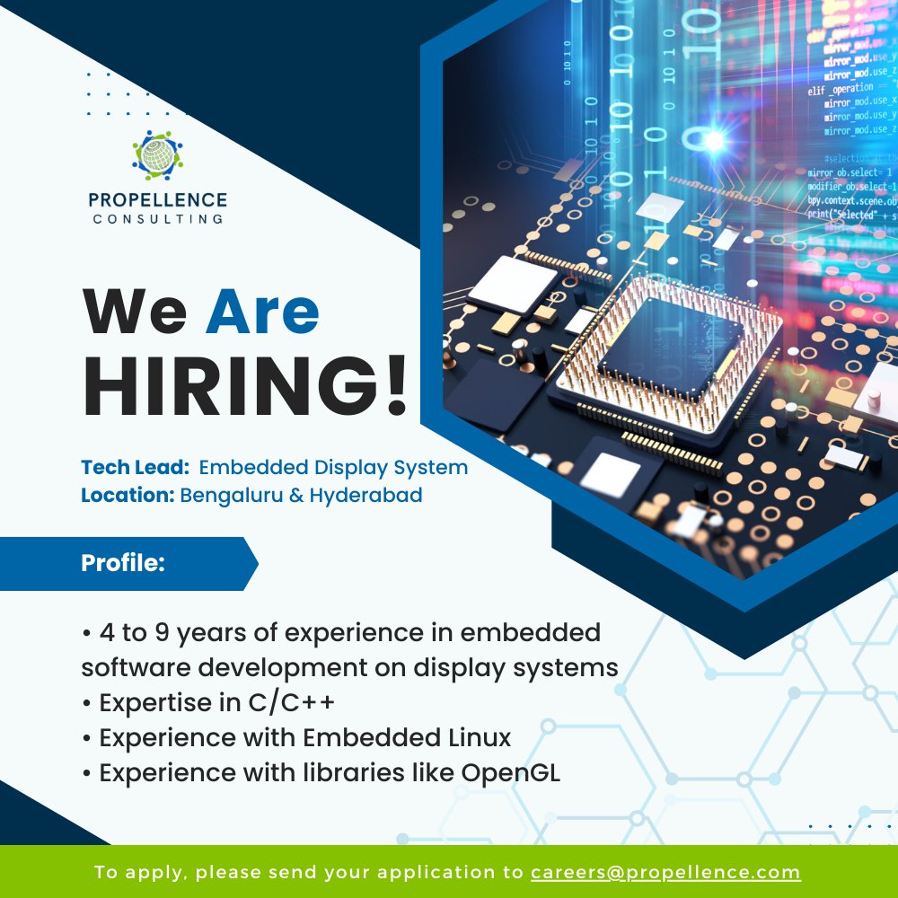 CoPropellence's tweet photo. Hiring Alert!🚨

Tech Lead - Embedded Display System |Bengaluru &amp; Hyderabad
Apply now at careers@propellence.com with the subject 'Tech Lead - Embedded Display System Application'.

#TechLead #EmbeddedDisplaySystem #BengaluruJobs #HyderabadJobs #TechJobs #CareerOpportunity https://t.co/gkLC79oLwX
