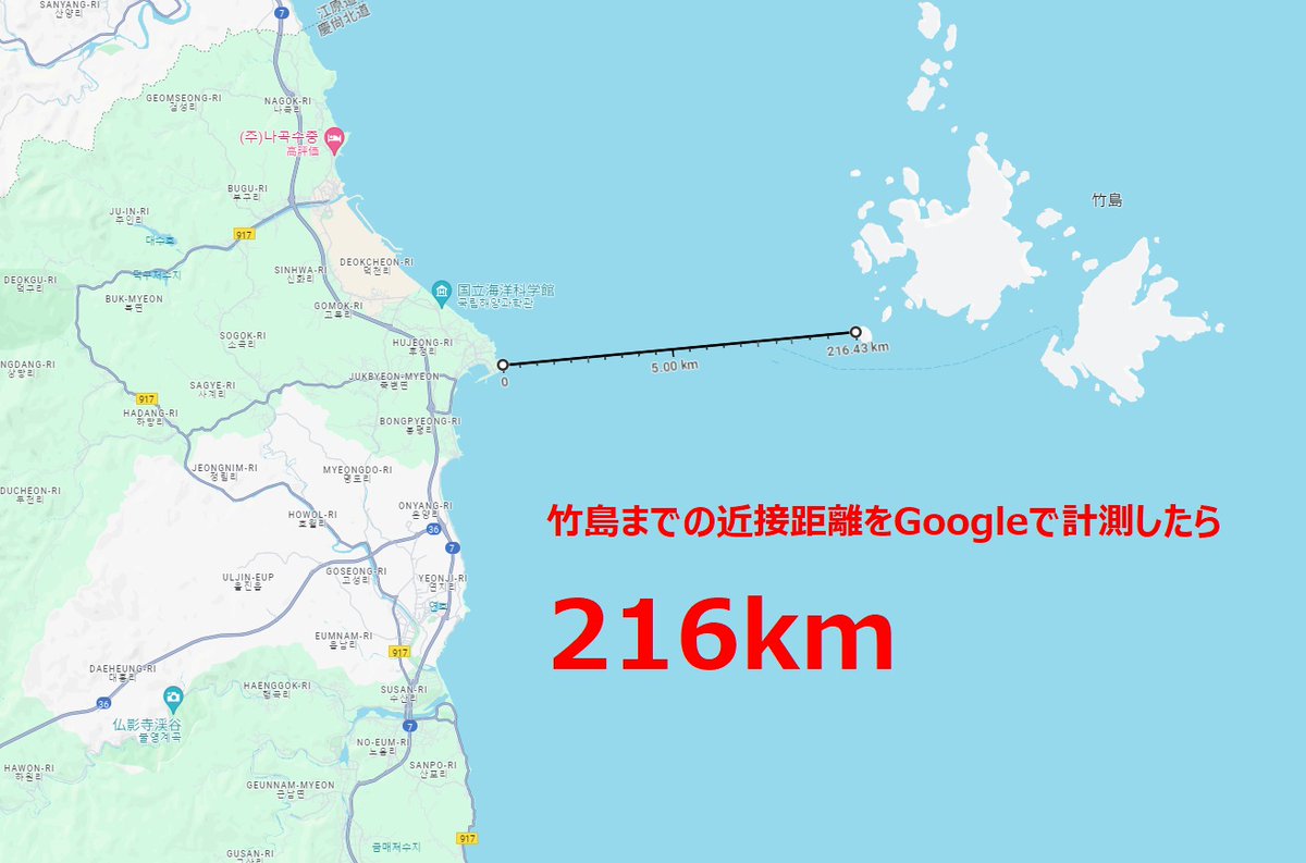【竹島は日本の方が近い】 近接性に意味はないが、Googleの答えは「日本と竹島の距離は211km、半島と竹島の距離は216km」 参考まで