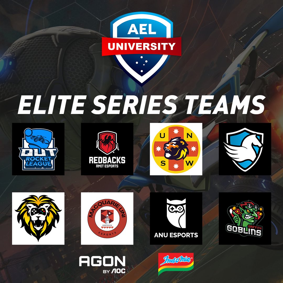 Welcome to our Rocket League University Elite Series teams for Season 1!

Joining us for the first time is <a href="/qutesports/">QUT Esports</a> 

<a href="/RMITesports/">RMIT Esports & Games</a> <a href="/MQUGaming/">Macquarie Uni Esports</a> <a href="/UNSW_ESports/">UNSW ESports Club</a> <a href="/USYDSOG/">Sydney University Society of Gamers</a> <a href="/ANU_Esports/">ANU ESPORTS</a> <a href="/GriffithEsports/">Griffith Esports</a> <a href="/uonesportsclub/">University of Newcastle Esports Club</a> 

The AEL is proudly sponsored by <a href="/AGONbyAOC/">AGON by AOC</a> &amp; <a href="/Indomielovers/">Indomie</a>