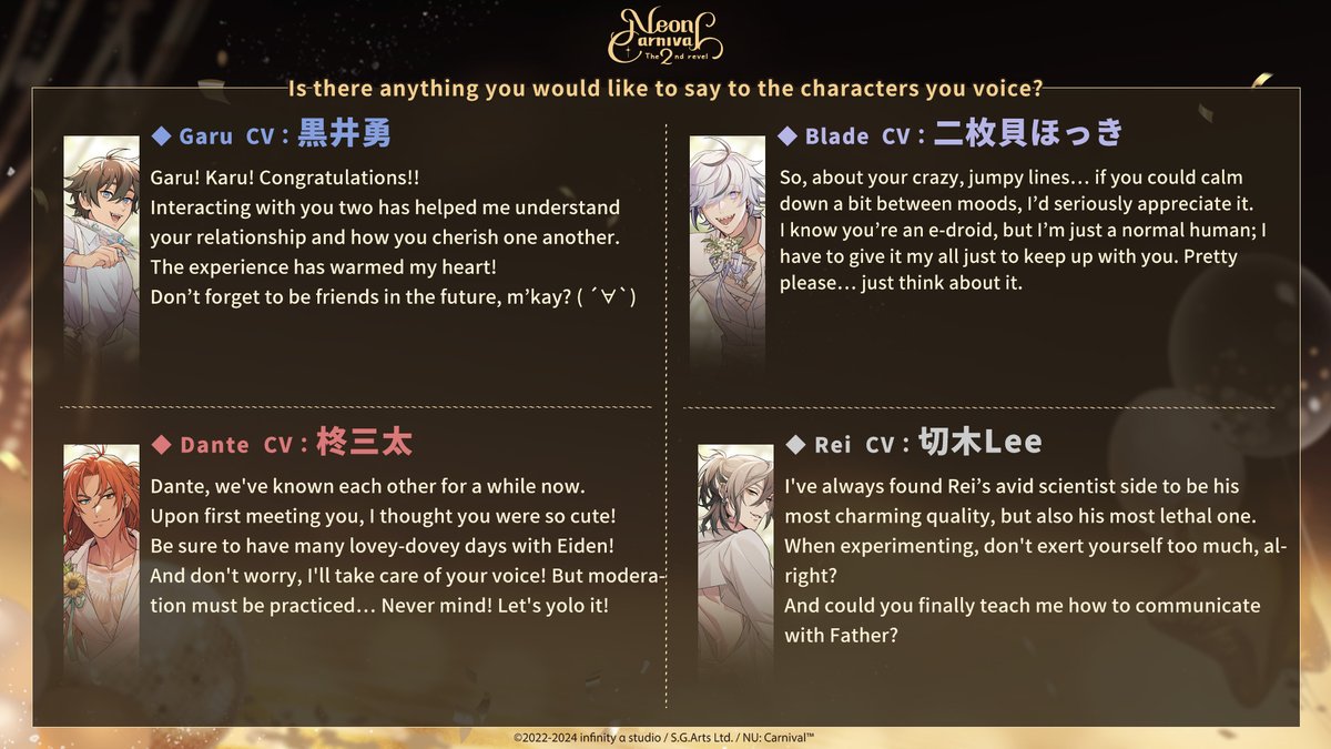 \🌸 Second Anniversary Celebrations - VA Comment Album ① 🌸/

NU: Carnival's voice actors imbue the characters with soul. During the second anniversary, what do they have to say to the characters they voice? 🗣️

#NUCarnival #SecondAnniversary #NUCarnival_2nd #BL