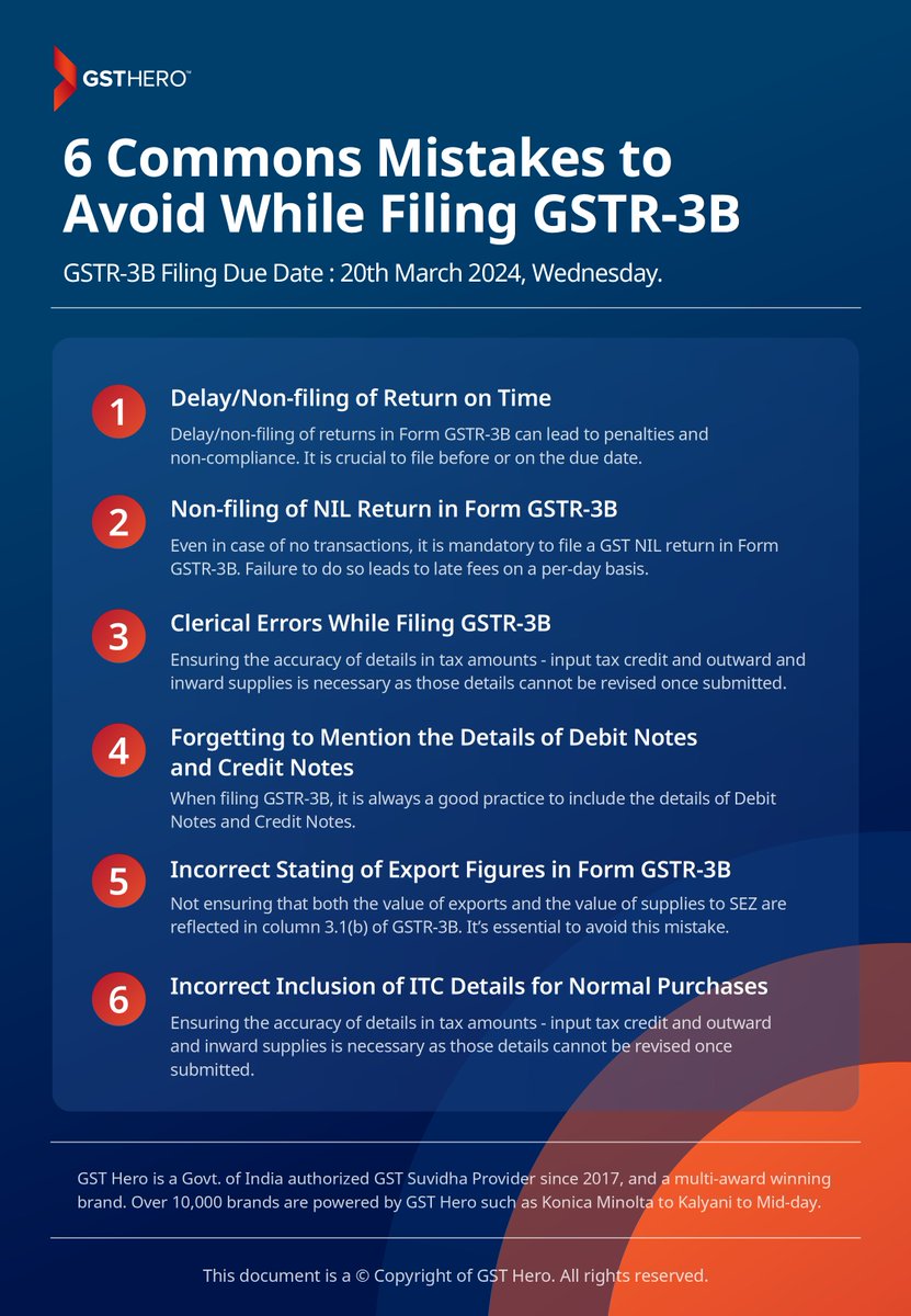 Filing GSTR-3B?

Stay on track by avoiding these 6 common GSTR-3B Filing mistakes.

Check it out now!

GSTR-3B Due Date - 20th March 2024, Wednesday.

#GST #India #GSTCompliance #GSTR3B #GSTHero #GSTReturnFiling