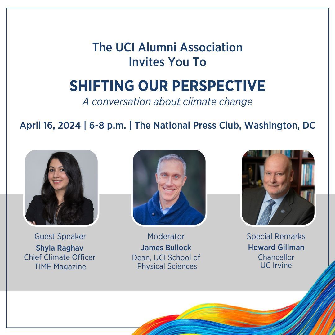 #UCIAlumni, bring your climate change questions 4/15 for @TIME Magazine's Chief Climate Officer Shyla Raghav '07 & @uciPhysSci Dean Dr. James Bullock as they delve into pressing issues about this crucial topic. Remarks by @ucirvine Chancellor Howard Gilman buff.ly/2J7tKXI