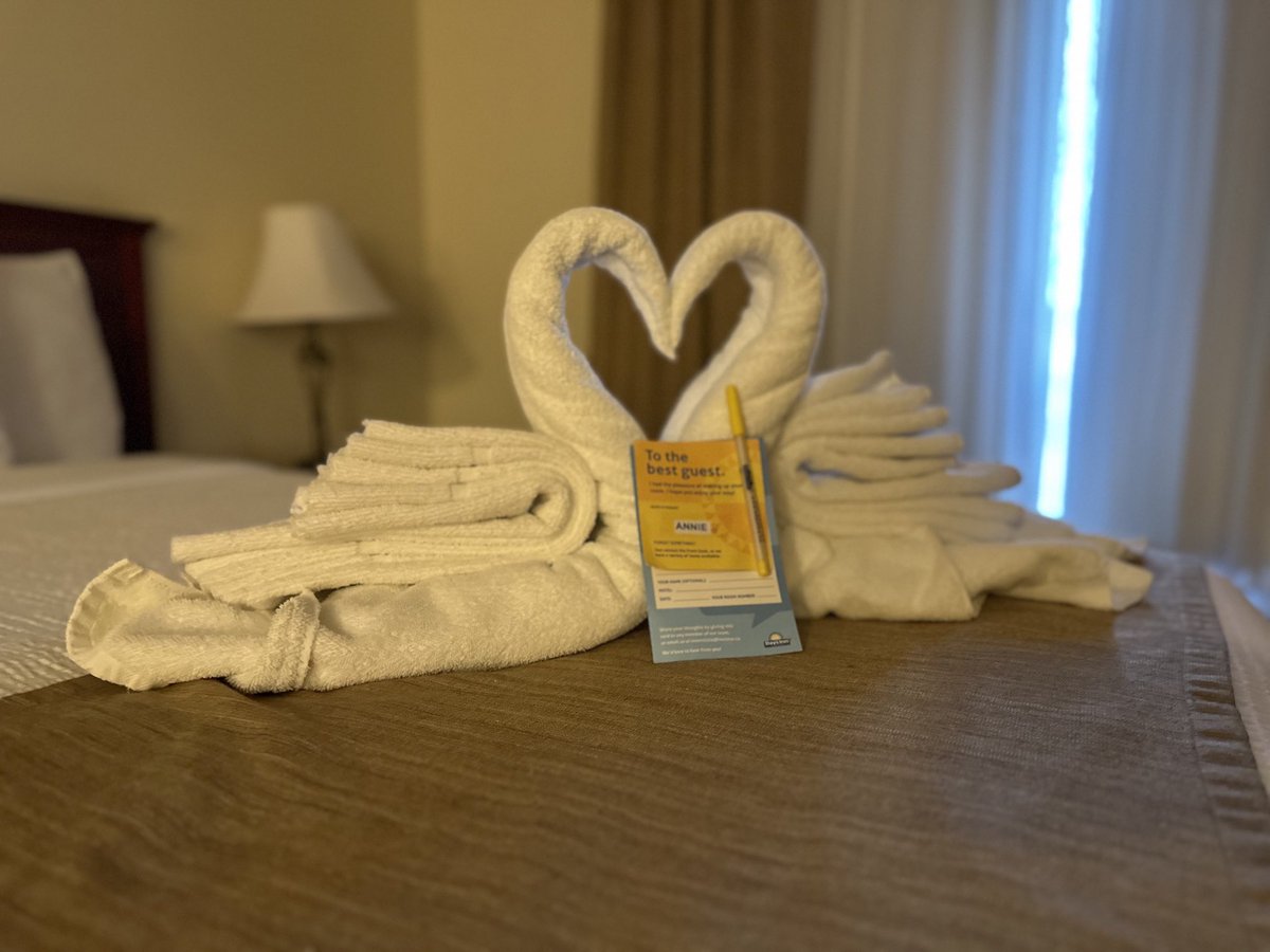No… I’m not in ⁦@DisneyParks⁩ but I am at the ⁦@daysinn⁩ in #DawsonCreek. Well done Annie, thanks for some of the best hotel towel art I’ve seen in years. Ahhh life on the road. #swans #outsidesales #towelart