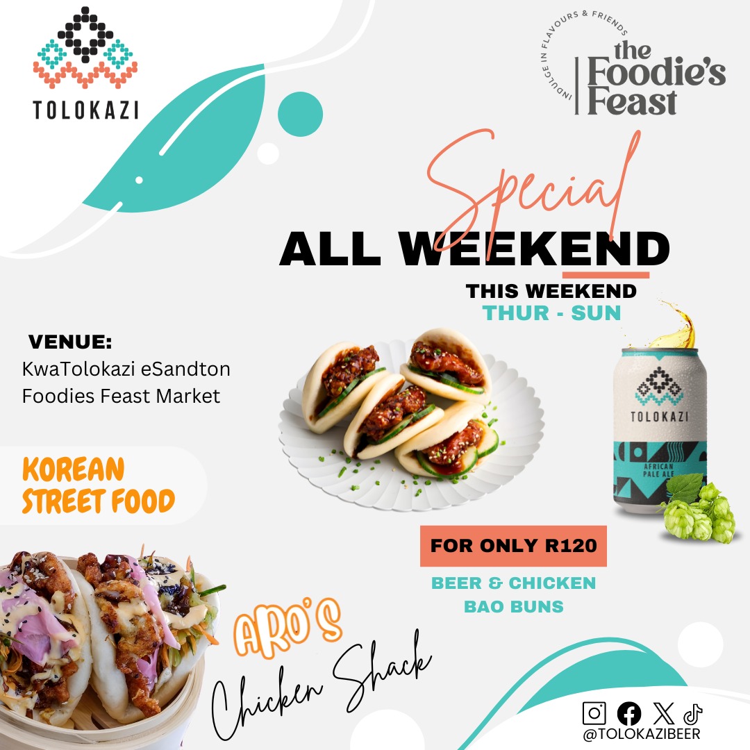 Visit us KwaTolokazi eSandton this long weekend and try our special - Beer &amp; Bao Buns for only R120

Our taproom is located at Foodies Feast, a culinary market inside Morning Glen Mall 

We open Thursday -  Sunday
 g.co/kgs/HBLBmrJ

#koreanfood #beerfoodpairing