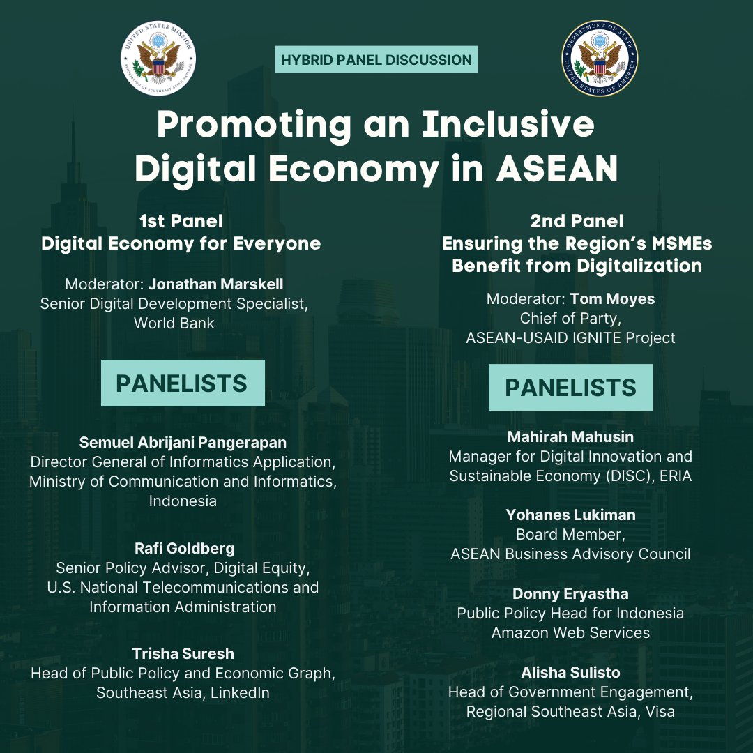 Join us on March 22 at Park Hyatt Hotel, Jakarta, for a hybrid event on promoting an inclusive digital economy in ASEAN. Learn from panelists including @awscloud, @LinkedIn, @Visa & more! Interpretation available. Sign up now 👉 forms.gle/QbDwsdiucJYRpv… @usembassyjkt