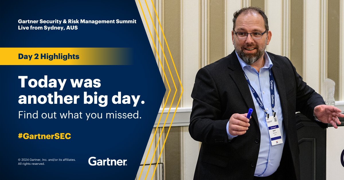 Missed Day 2 of #GartnerSEC in Sydney? Take a look at highlights from the day, including: ✅ Augmented #cybersecurity leadership ✅ Machine identity management ✅ Ways to manage #AI trust, risk and security Learn more in the Gartner Newsroom: gtnr.it/3T8Ovqt