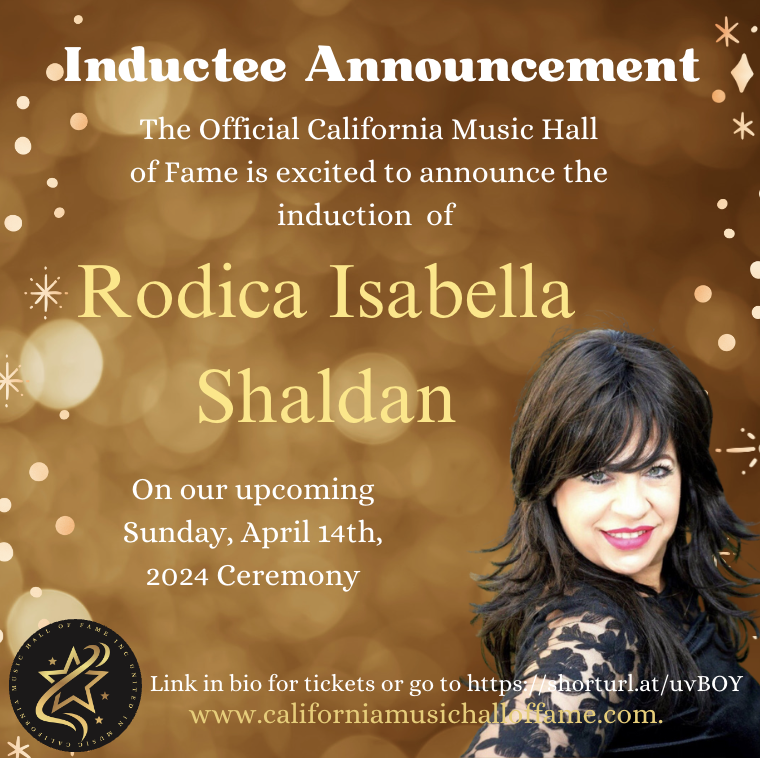 CAMusicHall's tweet photo. Our next California Music Hall Of Fame inductee, Rodica Isabella Shaldan! Our Spring Induction ceremony will be on Sunday, April 14th, 20.

🎫 Tickets for the Spring 2024 Induction Ceremony can be purchased at the link in bio 

Use code David2024 for $10 off your purchase! https://t.co/po0SfCaui8