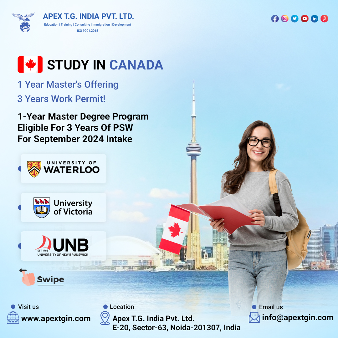 ApexTGIndiaPvt's tweet image. Join our 1-Year Master Degree Program in Canada for the September 2024 intake and unlock 3 years of Post-Graduation Work Permit (PSW). Visit apextgin.com/study-in-canada for more info.
.
.
#StudyInCanada #MasterDegreeProgram #PSWEligible #September2024Intake #ApexTGIndia #StudyAbroad