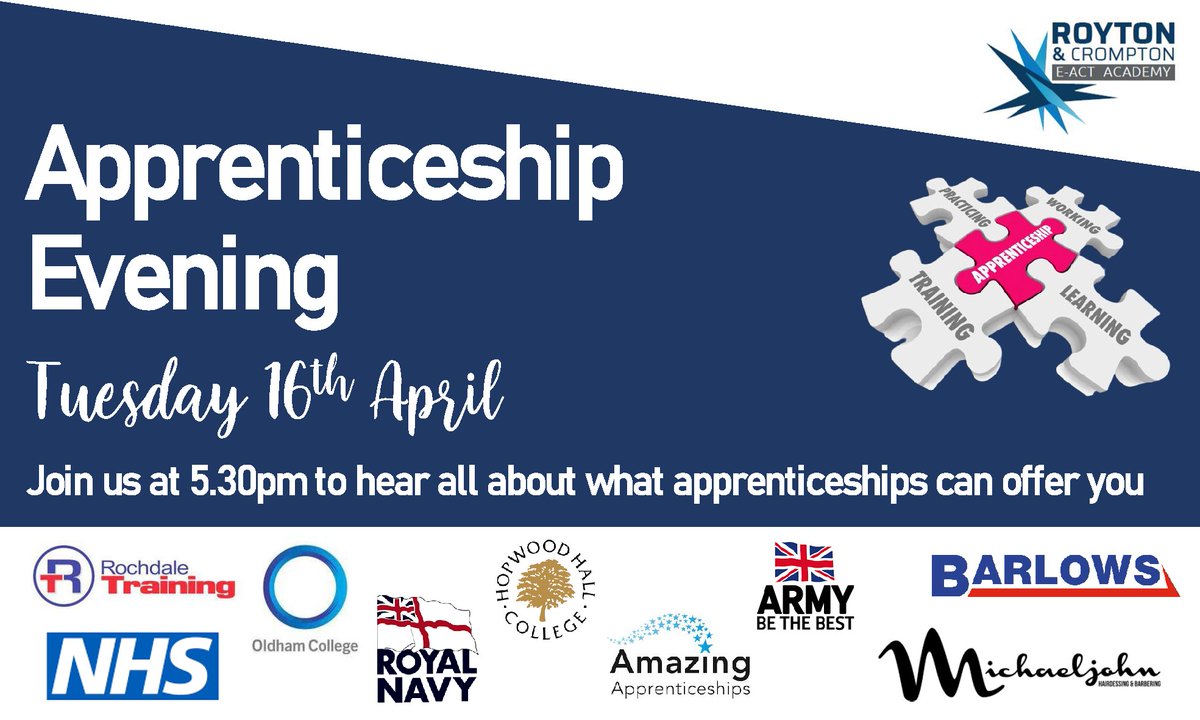 Apprenticeship Information Evening - Students and Families in Y10 and Y11. We are really excited to invite you and your child to our first ever apprenticeship information evening on Tuesday 16th April. The evening will start at 5.30pm in our theatre.