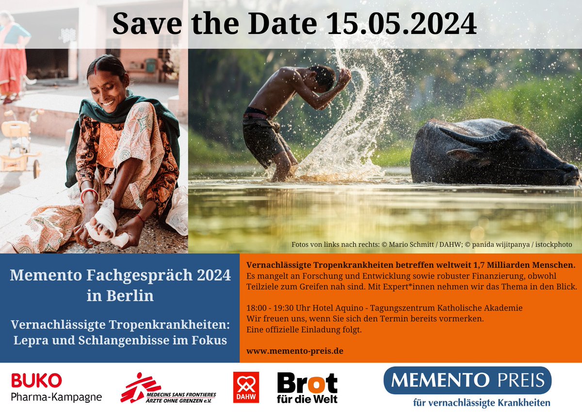 Save the Date🗓️👉Fachgespräch zu #NTDs am 15. Mai um 18 Uhr im Tagungszentrum der Katholischen Akademie in #Berlin. Der @memento_preis nimmt #Lepra und Vergiftungen durch #Schlangenbisse in den Blick 👀🐍🌐Eine offizielle Einladung folgt.