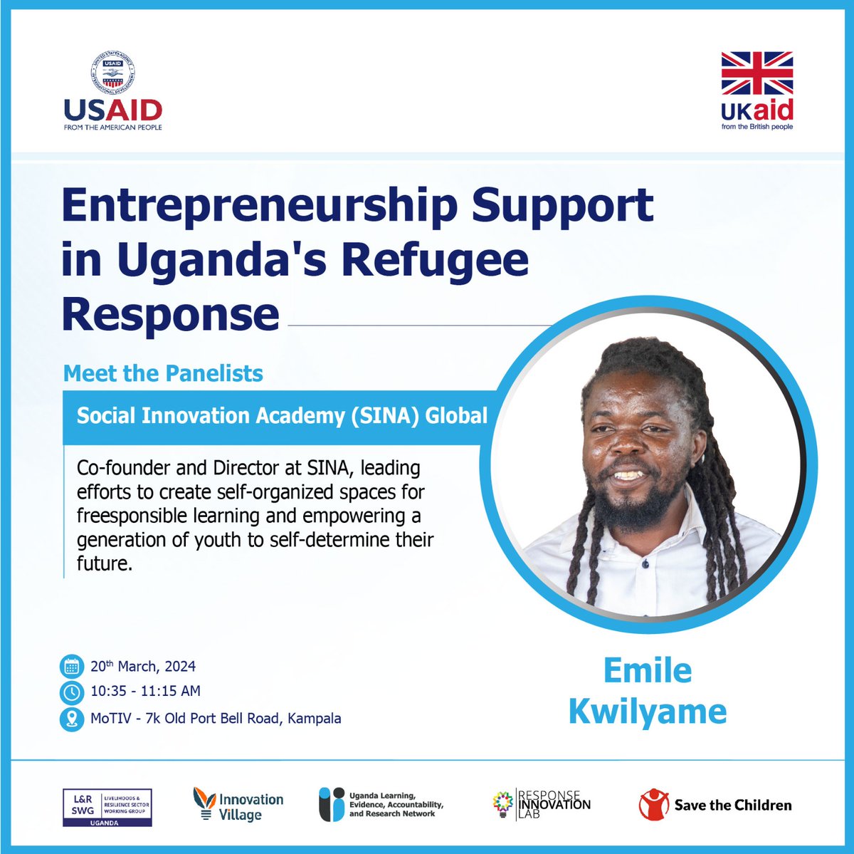 #MeetThePanelists 🙌We are very excited to have Emile Kwilyame from @WeAreSINA join us for the panel discussion during the convener on #Entrepreneurship in Uganda's Refugee Response! 🌐Join us online bit.ly/49DXyXN 📅20/03 ⏰ 8.30AM @UKinUganda @USAIDSavesLives @Refugees