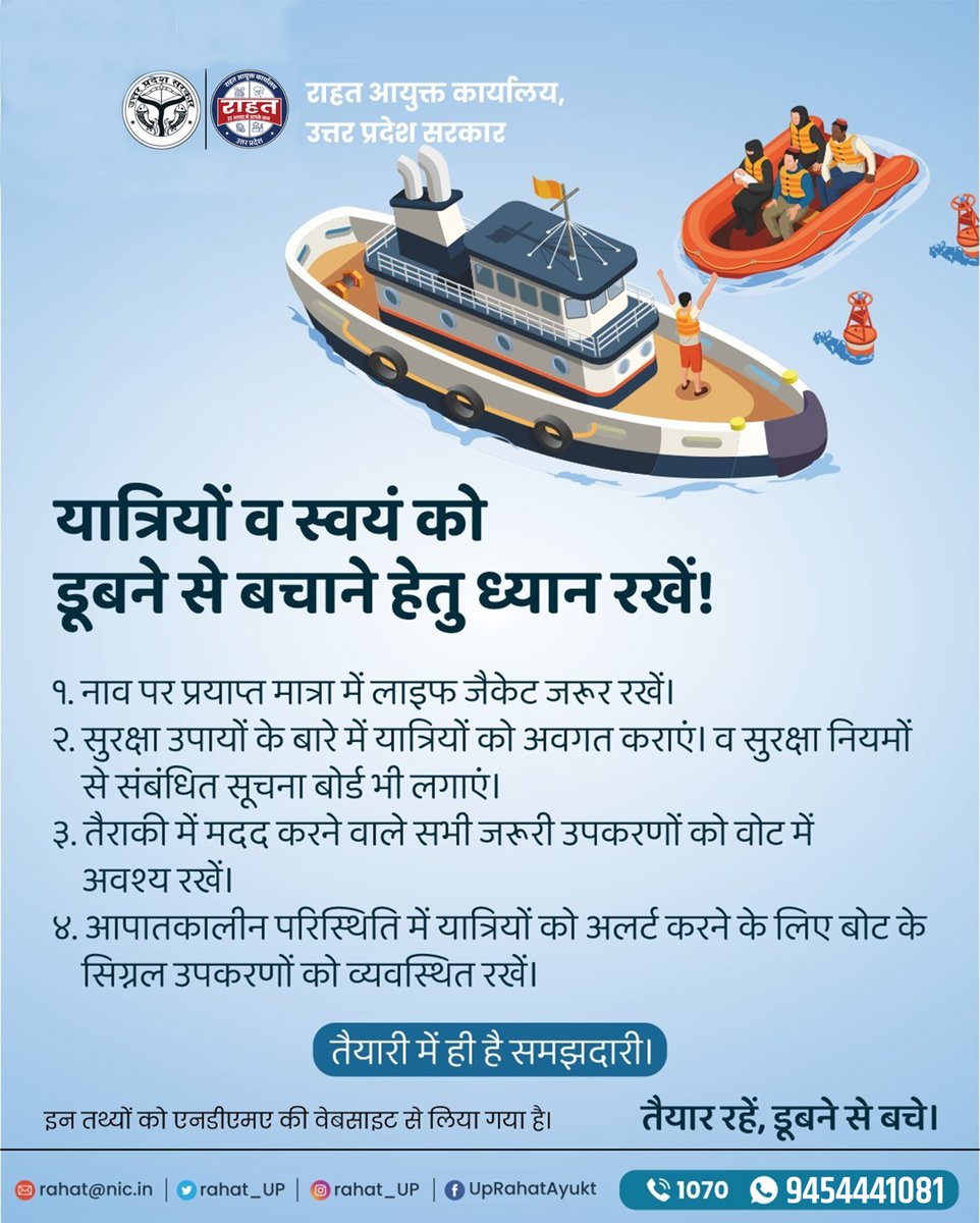 यात्रियों व स्वयं को डूबने से बचाने हेतु निम्न बातों का ध्यान रखे:

#Reliefcommissionerofficeup
#drowning
#safetymeasures