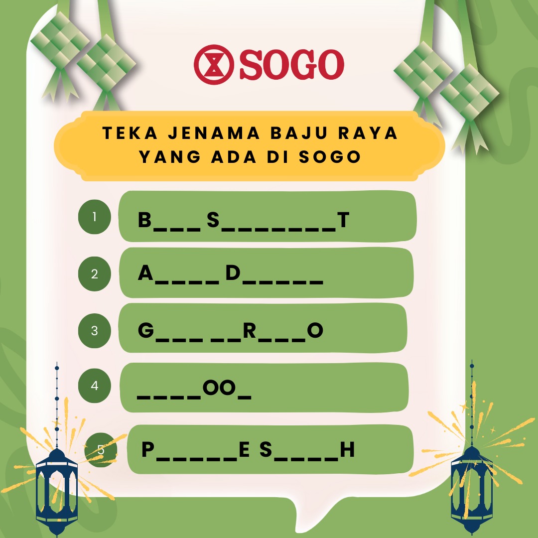Sertai Peraduan Fiesta Raya dan berpeluang memenangi BAUCAR HADIAH SOGO bernilai RM100. 10 pemenang akan dipilih secara rawak dari akaun media sosial kami. Klik bit.ly/SOGOContestTNC untuk terma dan syarat peraduan.
P/S : Set akaun kepada ''umum'', so min boleh stalk korang! 😎