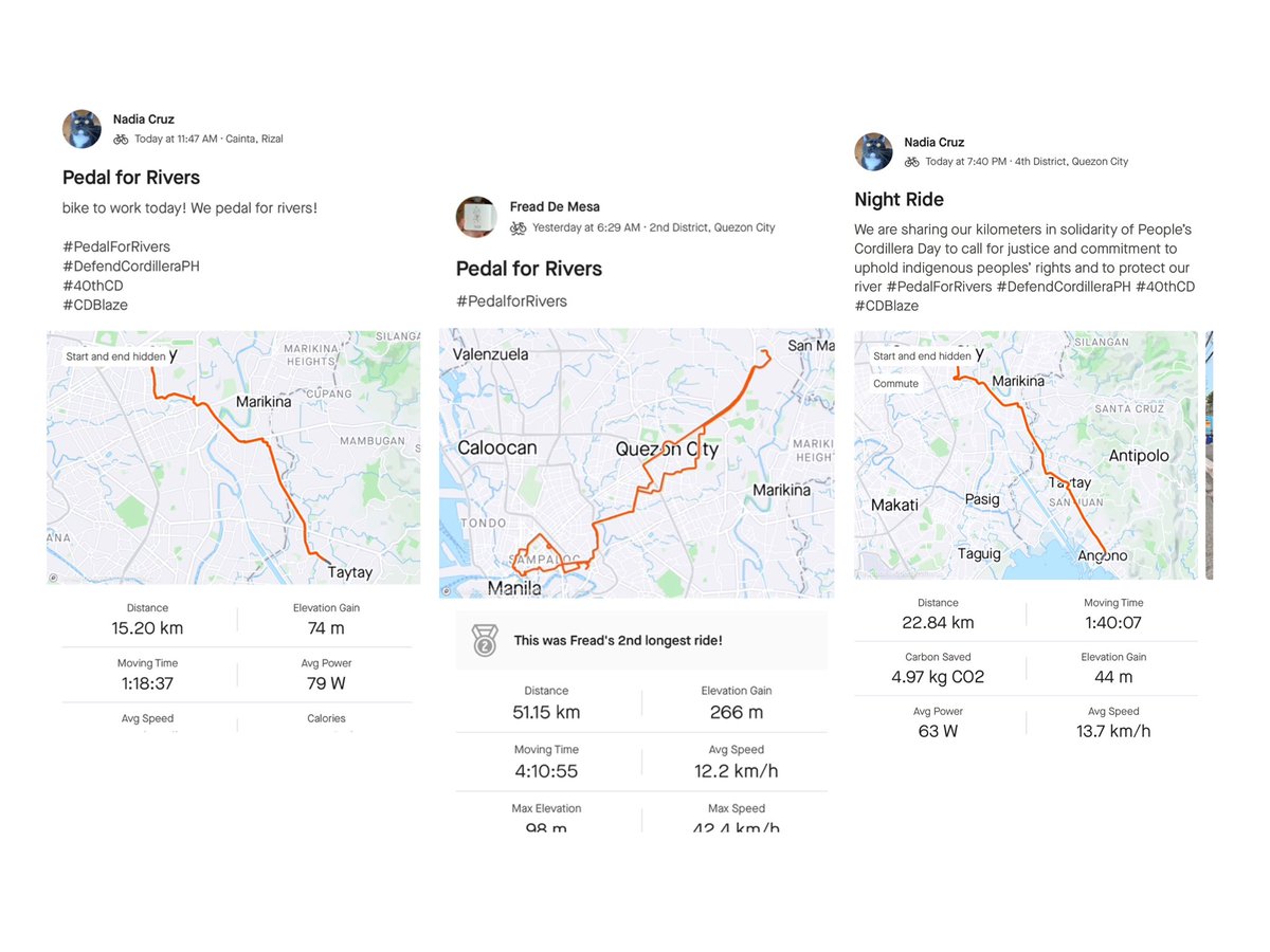 350Pilipinas's tweet photo. We are sharing our kilometers in solidarity of People’s Cordillera Day to call for justice and uphold indigenous peoples’ rights , defend our environmental defenders, and to protect our rivers.
 #PedalForRivers
 #DefendCordilleraPH
#40thCD
#CDBlaze https://t.co/HXhnQRUptn