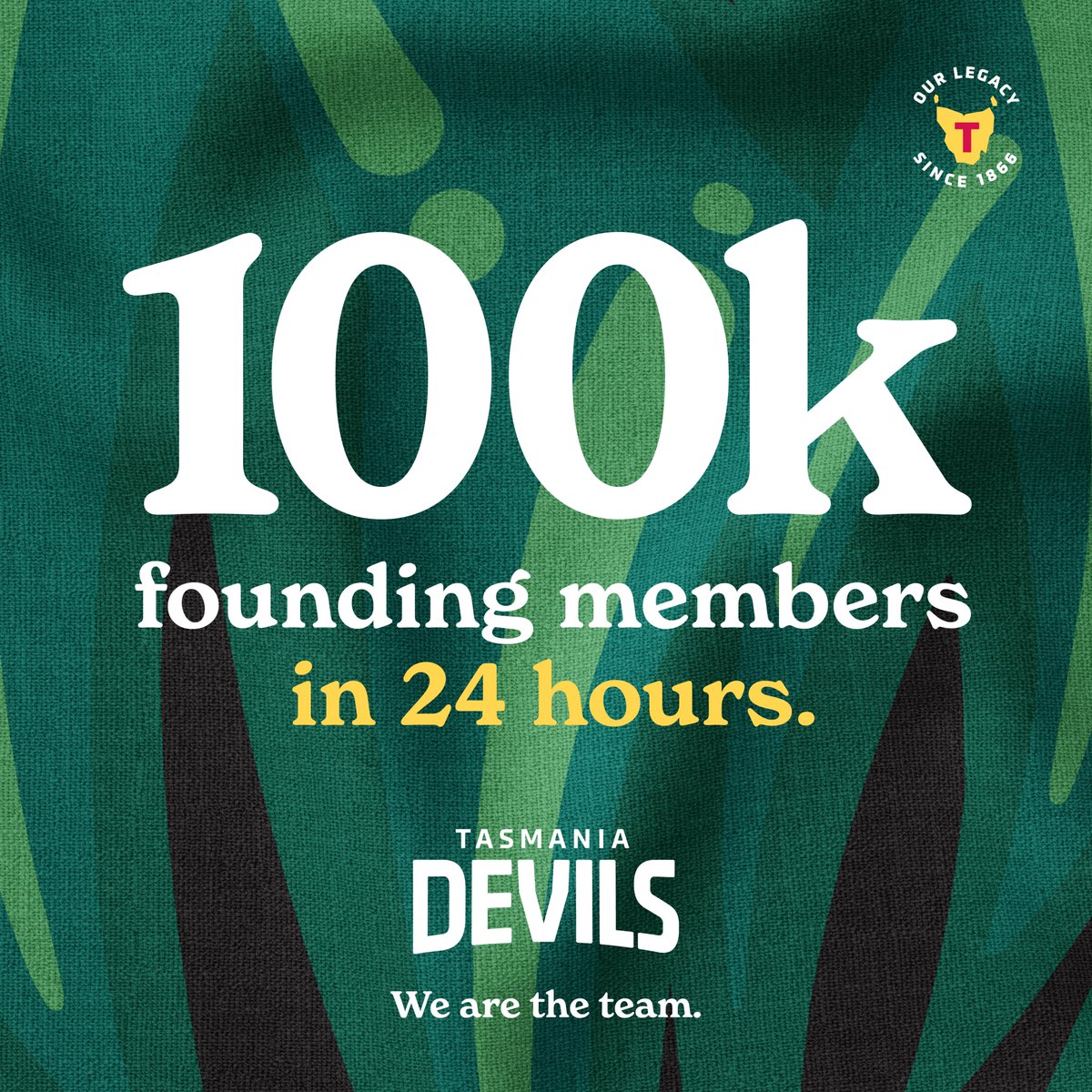 For the dreamers, the Believers, the ‘my new second team’-ers. For Tasmanians and Tasmanians-at-heart. For the point provers and the pure footy fans. Thank you. With 100,000 Founding Members – and more to come – we are the team. 

#teamdevils