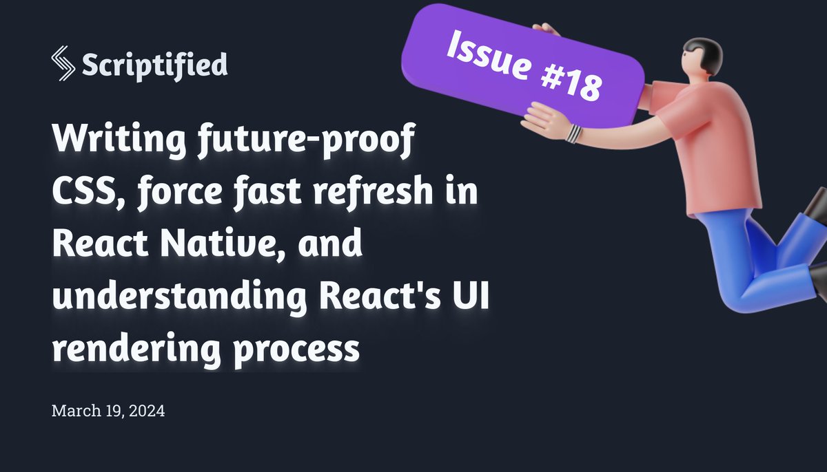 We just published issue #18 of Scriptified!

Learn about streaming HTML, remounting <a href="/reactnative/">React Native</a>  components by forced fast refresh, diving into <a href="/reactjs/">React</a> server components, exploring DOM events visually, &amp; test if you really understand JavaScript promises.

Link below 👇