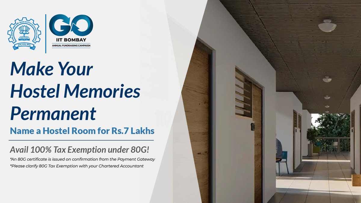 Alumni… Make your mark and preserve your precious hostel memories! Name a hostel room after yourself/loved one and avail 100% tax exemption under 80G! Let’s harness the power of collective giving to support GOIITB 2023-2024! Click here bit.ly/3TlYHMv to donate.